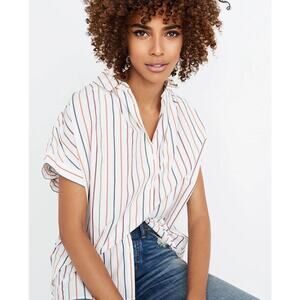Madewell Central Shirt White Green Red Sadie Stripe Short Sleeve Button Front SM